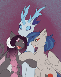 Size: 1263x1593 | Tagged: safe, artist:beardie, oc, oc:arculus, oc:blueshade, oc:kylreiah, changedling, changeling, goat, pegasus, succubus, changeling king, female, male, nervous, polyamory, stallion