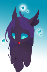 Size: 1600x2432 | Tagged: safe, artist:puginpocket, oc, oc only, changeling, changeling oc, crossed hooves, gradient background, heart, looking down, male, purple changeling, purple mane, shy, smiling, solo