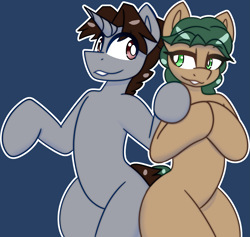 Size: 3007x2849 | Tagged: oc name needed, safe, artist:askhypnoswirl, oc, oc only, earth pony, unicorn, bipedal, commission, duo, duo male and female, earth pony oc, female, horn, lidded eyes, looking at each other, looking at someone, male, smiling, unicorn oc