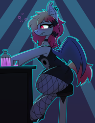 Size: 1298x1670 | Tagged: safe, artist:askhypnoswirl, oc, oc only, oc:batty bliss, bat pony, bat pony oc, clothes, collar, commission, drink, drinking, eyeshadow, fishnet clothing, fishnet stockings, makeup, sitting, stockings, stool, thigh highs