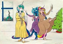 Size: 3500x2440 | Tagged: safe, artist:killerteddybear94, princess cadance, princess celestia, princess luna, queen chrysalis, anthro, plantigrade anthro, g4, alcohol, alternate hairstyle, breasts, champagne, champagne glass, christmas, christmas tree, clothes, cute, cutealis, cutedance, cutelestia, dancing, dress, drunk, ear piercing, earring, hair bun, holiday, indoors, jewelry, lunabetes, necklace, open mouth, piercing, ponytail, raised leg, sad, sadorable, short hair, smiling, traditional art, tree, window, wine