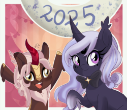 Size: 2638x2292 | Tagged: safe, artist:spookyle, oc, oc only, oc:autumn rain, oc:spectral firefly, classical unicorn, kirin, pony, unicorn, 2025, cloven hooves, happy new year 2025, horn, kirin oc, leonine tail, unicorn oc, unshorn fetlocks