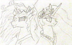 Size: 754x471 | Tagged: safe, artist:ponerr, daybreaker, princess celestia, alicorn, g4, duo, duo female, female, horn, monochrome, signature