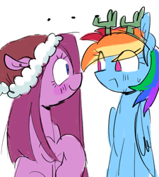 Size: 1843x2048 | Tagged: safe, artist:crasysam0, pinkie pie, rainbow dash, earth pony, pegasus, pony, g4, ..., antlers, blushing, christmas, eye clipping through hair, fake antlers, female, folded wings, hat, holiday, lesbian, mare, nervous sweat, pinkamena diane pie, santa hat, ship:pinkiedash, shipping, stare, wings