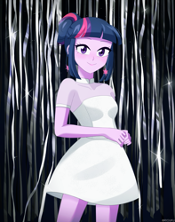 Size: 963x1225 | Tagged: safe, artist:riouku, twilight sparkle, human, equestria girls, g4, 2025, alternate hairstyle, blushing, clothes, collarbone, cute, dress, ear piercing, earring, female, happy new year 2025, jewelry, piercing, skirt, slender, solo, thin, twiabetes, white skirt