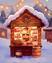 Size: 2689x3256 | Tagged: safe, artist:polnocnykot, applejack, earth pony, pony, g4, barrel, blushing, candy, candy cane, cheek fluff, christmas, christmas market, christmas wreath, clothes, coffee, coffee cup, coffee mug, cup, cute, ear fluff, female, food, freckles, garland, gingerbread (food), gingerbread house, happy new year, hat, holiday, jackabetes, mug, new year, new years eve, open mouth, open smile, outdoors, santa hat, scarf, selling, smiling, snow, solo, tree, unshorn fetlocks, whipped cream, winter, winter outfit, wreath