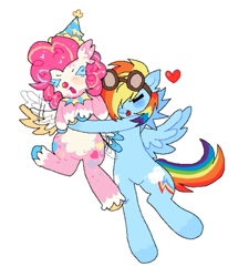 Size: 869x967 | Tagged: safe, artist:poniesinmyhead, pinkie pie, rainbow dash, pegasus, pony, g4, :3, alternate design, duo, duo female, female, goggles, goggles on head, hat, lesbian, party hat, pegasus pinkie pie, race swap, ship:pinkiedash, shipping, simple background, smiling, white background