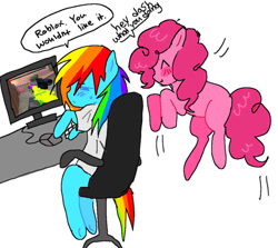 Size: 875x782 | Tagged: safe, artist:poniesinmyhead, pinkie pie, rainbow dash, earth pony, pegasus, pony, semi-anthro, g4, chair, computer, duo, duo female, female, gaming, jumping, keyboard, mare, office chair, roblox, simple background, sitting, table, white background