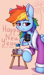 Size: 1000x1707 | Tagged: safe, artist:zeepheru, rainbow dash, pegasus, pony, g4, bathrobe, cheek fluff, clothes, ear fluff, female, happy new year, holiday, looking at you, mare, mug, robe, solo, text, wing hold, wings