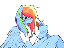 Size: 1249x937 | Tagged: safe, artist:poniesinmyhead, rainbow dash, pegasus, semi-anthro, g4, blue coat, blue wings, chicken leg, chicken meat, food, holding, meat, multicolored hair, ponies eating meat, rainbow hair, simple background, solo, white background, wings