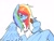 Size: 1249x937 | Tagged: safe, artist:poniesinmyhead, rainbow dash, pegasus, semi-anthro, g4, blue coat, blue wings, chicken leg, chicken meat, food, holding, meat, multicolored hair, ponies eating meat, rainbow hair, simple background, solo, white background, wings