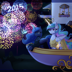 Size: 3000x3000 | Tagged: safe, artist:opal_radiance, prince blueblood, princess celestia, princess luna, oc, oc:opal rosamond, alicorn, pegasus, pony, unicorn, equestria at war mod, g4, 2025, balcony, clothes, dress, drink, drinking glass, duo focus, ethereal mane, ethereal tail, female, fireworks, glass, glowing, glowing horn, happy new year, happy new year 2025, holiday, horn, levitation, magic, outdoors, siblings, sisters, smiling, solo, starry mane, starry tail, tail, telekinesis, wine glass