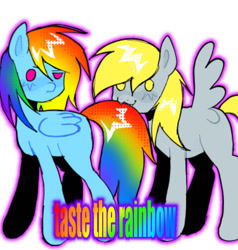 Size: 991x1039 | Tagged: safe, artist:poniesinmyhead, derpy hooves, rainbow dash, pegasus, pony, g4, :3, biting, blonde mane, blue coat, cute, duo, duo female, female, folded wings, multicolored hair, outline, rainbow hair, rainbow tail, simple background, smiling, spread wings, tail, tail bite, taste the rainbow, text, white background, wings