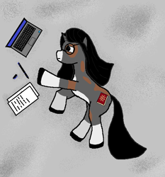 Size: 621x667 | Tagged: safe, alternate version, artist:arandomlonelydude, oc, oc:anya khan, pony, unicorn, carpet, coat markings, computer, facial markings, horn, laptop computer, long mane, long tail, looking at something, lying down, mealy mouth (coat marking), ms paint, pen, sad, socks (coat markings), solo, tail, unicorn oc