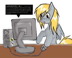 Size: 909x738 | Tagged: safe, artist:poniesinmyhead, derpy hooves, mouse, pegasus, pony, g4, computer, female, indoors, mare, monitor, open mouth, open smile, smiling, solo, table