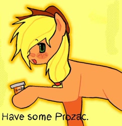 Size: 875x901 | Tagged: safe, artist:poniesinmyhead, applejack, earth pony, pony, g4, antidepressants, blonde mane, hat, have some prozac, holding, open mouth, open smile, orange coat, prozac, simple background, smiling, solo, yellow background