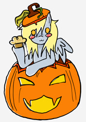 Size: 702x993 | Tagged: safe, artist:poniesinmyhead, derpy hooves, pegasus, pony, g4, :3, food, halloween, holiday, muffin, pumpkin, simple background, solo, white background