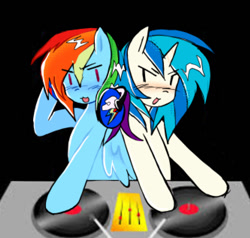 Size: 1041x990 | Tagged: safe, artist:poniesinmyhead, dj pon-3, vinyl scratch, pegasus, pony, unicorn, g4, disco, duo, duo female, female, headphones, horn, mare, open mouth, open smile, smiling