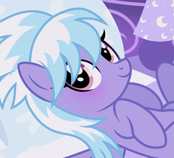 Size: 1335x1220 | Tagged: safe, alternate character, alternate version, artist:cstrawberrymilk, cloudchaser, pegasus, pony, g4, base used, bed, bedroom, blushing, eyelashes, female, looking at you, lying down, mare, on back, on bed, purple coat, purple eyes, raised hooves, screencap background, show accurate, smiling, smiling at you, solo, three quarter view, two toned mane