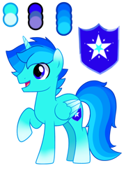 Size: 4000x5604 | Tagged: safe, artist:rainblue star, artist:viola_invy12, oc, oc only, oc:rainblue star, alicorn, alicorn oc, base used, blue eyes, color palette, colored wings, gradient horn, gradient legs, gradient wings, horn, male, male alicorn, male alicorn oc, open mouth, open smile, raised hoof, reference sheet, simple background, smiling, solo, stallion, standing, white background, wings