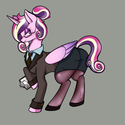 Size: 1620x1620 | Tagged: safe, artist:vaporub, princess cadance, alicorn, pony, g4, alternate hairstyle, angry, business suit, butt, clothes, gray background, horn, lovebutt, pantyhose, plot, simple background, solo