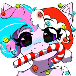 Size: 2048x2048 | Tagged: safe, artist:rileyisherehide, oc, oc:sweetie swirl, bat pony, bat pony oc, blue blush, blushing, christmas, christmas lights, cute, cute little fangs, ear fluff, eyelashes, fangs, femboy, hat, heart, heart eyes, hearth's warming, holiday, male, multicolored hair, santa hat, shoulder fluff, solo, wingding eyes