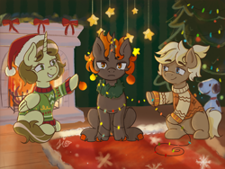 Size: 2048x1536 | Tagged: safe, artist:duckyia, oc, oc only, alicorn, earth pony, pegasus, pony, unicorn, annoyed, being a christmas tree, chimney, christmas, christmas lights, christmas tree, clothes, decorating, decoration, eyebrows, fire, fireplace, happy, hat, holiday, horn, indoors, irritated, reaching, rug, santa hat, signature, sitting, snoopy, stars, sweater, tree, trio, unamused, unshorn fetlocks