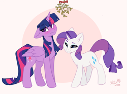 Size: 2233x1650 | Tagged: safe, artist:shooshaa, rarity, twilight sparkle, alicorn, pony, unicorn, g4, blushing, duo, female, horn, imminent kissing, lesbian, mare, mistletoe, seductive look, ship:rarilight, shipping, twilight sparkle (alicorn), wavy mouth