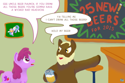 Size: 800x533 | Tagged: safe, artist:quint-t-w, berry punch, berryshine, princess celestia, oc, oc:beer paunch, earth pony, pony, g4, 2025, alcohol, beer, chalkboard, drink, earth pony oc, indoors, picture, pub, traffic cone