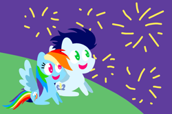 Size: 1935x1285 | Tagged: safe, anonymous artist, derpibooru exclusive, rainbow dash, soarin', pegasus, pony, series:soarindash relationship, series:soarindash romantic tales, g4, female, fireworks, happy new year, holiday, male, mare, outdoors, pointy ponies, ship:soarindash, shipping, smiling, stallion, straight