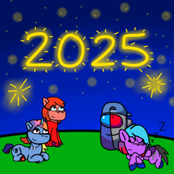 Size: 1280x1280 | Tagged: safe, artist:josephthedumbimpostor, oc, oc:diane deluxe, oc:joseph, oc:maria meltdown, oc:selena smash, earth pony, pegasus, unicorn, 2025, among us, earth pony oc, fireworks, happy new year, happy new year 2025, holiday, horn, mario kart, new year 2025, non-mlp oc, outdoors, pegasus oc, super mario, super smash bros., unicorn oc