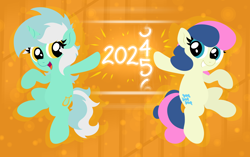 Size: 5782x3629 | Tagged: safe, artist:background basset, bon bon, lyra heartstrings, sweetie drops, earth pony, pony, unicorn, g4, 2025, abstract background, adorabon, cute, female, happy, happy new year, happy new year 2025, holiday, horn, lyrabetes, mare, new year, new year 2025, numbers, open mouth, open smile, smiling