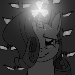 Size: 962x962 | Tagged: safe, artist:1611volk, rarity, changeling, pony, unicorn, g4, crying, ears up, feels, female, hero, heroic sacrifice, horn, imminent death, imminent explosion, magic, mare, monochrome, nuclear, sad, self sacrifice, smiling, spell, surrounded, teary eyes, this will end in death, this will end in explosions, this will end in tears, this will end in tears and/or death