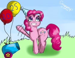 Size: 1338x1044 | Tagged: safe, artist:crispymlp, pinkie pie, earth pony, pony, g4, 2025, balloon, female, hat, outdoors, party cannon, party hat