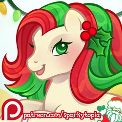 Size: 1200x1200 | Tagged: safe, artist:sparkytopia, merry treat, earth pony, pony, g1, advertisement, cream coat, female, green eyes, looking at you, mare, multicolored hair, open mouth, open smile, patreon, patreon link, patreon preview, preview, smiling, solo, text