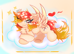 Size: 2626x1938 | Tagged: safe, artist:spirit-fireheart, oc, oc only, pegasus, pony, cheek fluff, chest fluff, cloud, ear fluff, flirting, heart, looking at you, male, one eye closed, smiling, smiling at you, solo, wings, wink