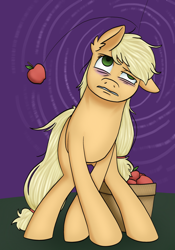 Size: 1668x2388 | Tagged: safe, artist:theedgyduck, derpibooru exclusive, part of a set, applejack, earth pony, pony, series:leechlord draws every episode, applebuck season, g4, my little pony: friendship is magic, apple, bags under eyes, basket, dizzy, female, food, hatless, mare, messy hair, messy mane, missing accessory, missing hat, no catchlights, part of a series, solo, tired, 🍎