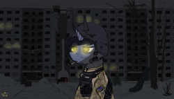 Size: 3500x2000 | Tagged: safe, artist:netango, oc, oc only, oc:syntiset, pony, unicorn, armor, bag, bags, belt, blood type, camouflage, cigarette, clothes, colored sketch, crossover, doomer, escape from tarkov, glowing, glowing eyes, high res, horn, male, medical bag, medicine, military, military uniform, outdoors, pants, patch, plate carrier, pony oc, scar, sitting, sketch, smoke, smoking, snow, solo, stallion, tactical, tired, unicorn oc, uniform