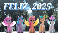 Size: 3848x2201 | Tagged: safe, artist:dingopatagonico, hitch trailblazer, izzy moonbow, pipp petals, sunny starscout, zipp storm, alicorn, earth pony, pegasus, unicorn, g5, my little pony: a new generation, 2025, horn, photo, spanish, spanish text, toy