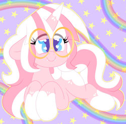 Size: 2000x1962 | Tagged: safe, artist:ladylullabystar, oc, oc:lady lullaby star, pony, unicorn, fangs, female, glasses, horn, lying down, mare, prone, solo