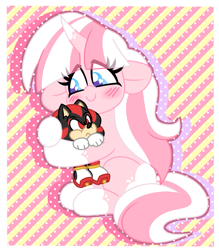 Size: 1289x1470 | Tagged: safe, artist:ladylullabystar, oc, oc:lady lullaby star, pony, unicorn, blushing, female, horn, mare, passepartout, plushie, shadow the hedgehog, solo, sonic the hedgehog (series)