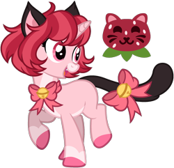 Size: 1990x1916 | Tagged: safe, artist:strawberry-spritz, oc, oc:strawberry smewthie, cat, cat pony, hybrid, original species, pony, unicorn, alternate versions at source, base used, black tail, bow, cat ears, cat tail, coat markings, colored belly, colored ears, colored hooves, colored pinnae, colored tail, commission, eyelashes, facial markings, fangs, female, female oc, hooves, horn, hybrid oc, kinsona, leg markings, magical girl, mare oc, momomiya ichigo, neck bow, open mouth, open smile, pale belly, pink bow, pink coat, pink eyes, pink hooves, pink mane, ponified, short mane, show accurate, simple background, smiling, snip (coat marking), solo, standing on two hooves, tail, tail bow, three quarter view, tokyo mew mew, transparent background, turned head, two toned mane, unicorn horn, unicorn oc