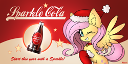 Size: 4060x2030 | Tagged: safe, artist:rejiser, fluttershy, pegasus, pony, fallout equestria, g4, bell, bell collar, blushing, chest fluff, christmas, clothes, coca-cola, collar, cute, ear fluff, female, hat, holiday, looking at you, nuka cola, one eye closed, raised hoof, raised tail, santa hat, smiling, smiling at you, solo, sparkle cola, spread wings, stars, tail, wings, wink