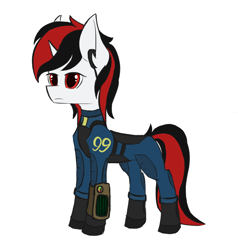 Size: 1136x1192 | Tagged: safe, artist:tanadormi, oc, oc only, oc:blackjack, pony, unicorn, fallout equestria, fallout equestria: project horizons, clothes, fanfic art, horn, pipboy, simple background, solo, standing, unicorn oc, uniform