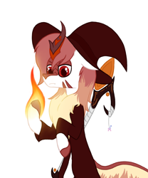 Size: 948x1142 | Tagged: safe, artist:tanadormi, oc, oc only, kirin, pony, fire, hat, horn, kirin oc, magic staff, simple background, white background, wizard hat