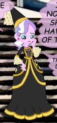 Size: 308x659 | Tagged: safe, artist:ponymaan, diamond tiara, human, equestria girls, g4, clothes, dress, dressup, gown, hat, hennin, jewelry, long sleeves, necklace, princess, princess costume, stairs