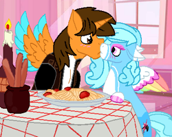 Size: 375x300 | Tagged: safe, artist:jemimasparkle, oc, oc:ej, oc:jemima sparkle, g4, bella notte, breadsticks, candle, female, food, indoors, kissing, lady and the tramp, male, meatball, pasta, shipping, spaghetti, straight, table