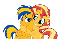 Size: 1316x877 | Tagged: safe, artist:mlpfan3991, sunset shimmer, oc, oc:flare spark, pegasus, pony, unicorn, g4, canon x oc, female, horn, hug, lesbian, ship:flareset, shipping, simple background, smiling, transparent background