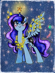 Size: 1536x2048 | Tagged: safe, artist:dariarchangel, princess luna, alicorn, pony, g4, adorable face, alicorn wings, blue coat, blue eyes, blue hair, blue mane, blue tail, blushing, c:, christmas, christmas lights, christmas star, cute, cute face, cute smile, daaaaaaaaaaaw, dariarchangel is trying to murder us, ethereal hair, ethereal mane, ethereal tail, female, garland, glowing, happy, happy new year, hearth's warming, hearth's warming eve, hnnng, holiday, horn, horn accessory, light, long hair, long mane, long tail, looking up, lunabetes, mare, ornaments, outline, passepartout, patterned background, pretty, princess, smiling, solo, sparkles, spread wings, standing, starry hair, starry mane, starry tail, stars, sweet dreams fuel, tail, too cute, traditional art, unicorn horn, wavy hair, wavy mane, wavy tail, weapons-grade cute, white outline, wings