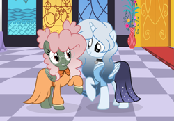 Size: 1997x1387 | Tagged: safe, artist:darbypop1, oc, oc only, oc:melody everbelle, oc:pixie crystal, alicorn, pegasus, pony, bell, bell collar, clothes, collar, dress, duo, female, glasses, indoors, mare